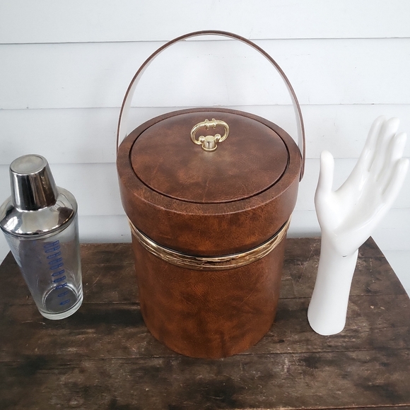 Vintage MCM Retro Brown Faux Leather Tall Ice Bucket - Picture 9 of 9